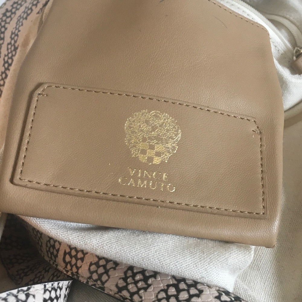 Vince Camuto Beige/Tan Leather Shoulder Bag with Gold Logo
